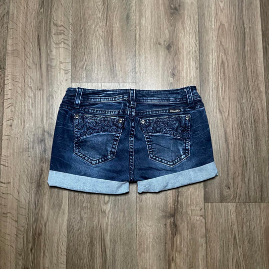 Miss Me Blue Embroidered Mini Shorts