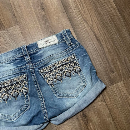 Miss Me Low Waisted Embroidered Mini Denim Shorts