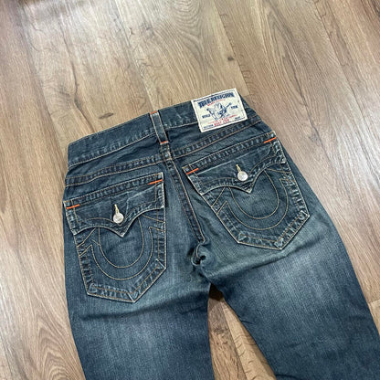 True Religion Boot Cut Jeans With Tan Stitching and Orange Accents W29 L30
