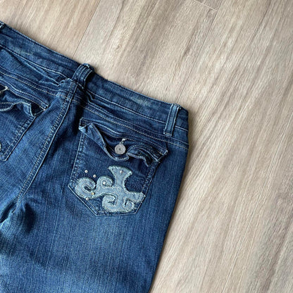 Almost Famous Dark Embroidered Ripped Jeans Y2K Style Low Wasited W30 L33
