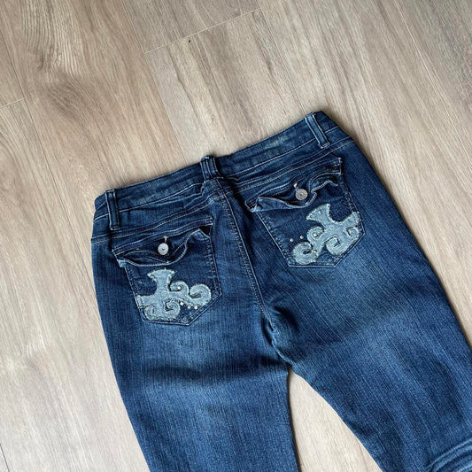 Almost Famous Dark Embroidered Ripped Jeans Y2K Style Low Wasited W30 L33