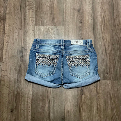 Miss Me Low Waisted Embroidered Mini Denim Shorts