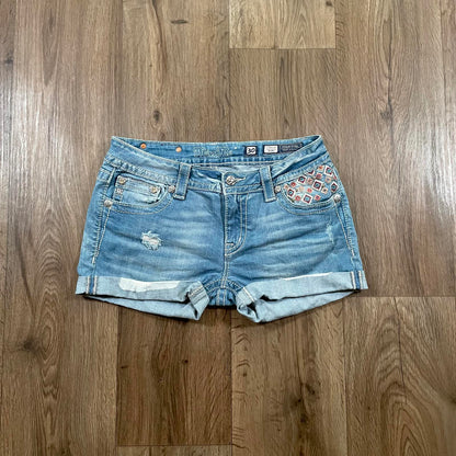 Miss Me Y2K Low Waisted Aztec Embroidered Mini Denim Shorts