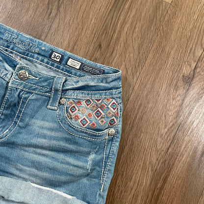 Miss Me Y2K Low Waisted Aztec Embroidered Mini Denim Shorts